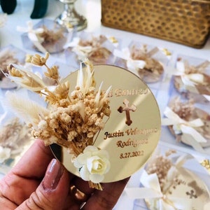 Christening Favor Dried Lavander Smelling Floral, Personalized Baptism Mirror Magnet Boy Girl, Baptism Gold Cross Keepsake, Dedicated Favor