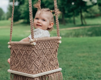 Macrame baby indoor swing in sand color, Toddler indoor swing chair, Boho style kids room interior, Baby hammock chair