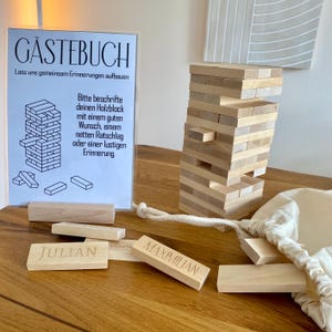Personalisiertes Gästebuch Hochzeit | Graviertes Wackelturm Spiel aus Holz | Alternative Gästebuch & Platzkarten | Namensschilder