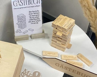 Gästebuch Wackelturm Stapelspiel Turm aus Holz mit Namen der Gäste Tischkarten Platzkarte Namensschild