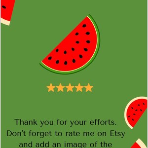 May include: A green background with a watermelon design. The text reads: "Thank you for your efforts. Don't forget to rate me on Etsy and add an image of the watermelon brooch you crocheted."