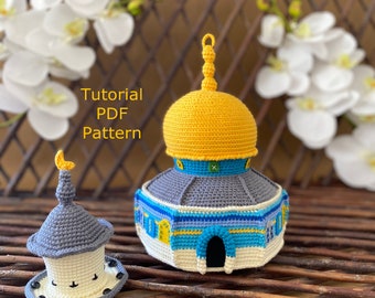 May include: Crochet pattern for a mosque with a yellow dome and a smaller grey mosque with a crescent moon on top. The pattern is available as a PDF download.  Tutorial PDF Pattern.