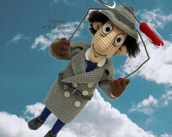Häkelpuppe Muster, Häkelkarikaturfigur, MIT EINEM ÜBERRASCHUNGSGESCHENK, Häkelpuppe Inspektor Gadget, Häkelspielzeug, Vintage Häkelpuppe