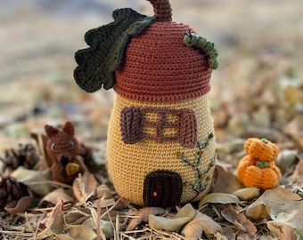 Crochet Acorn House Pattern, Autumn Decor with Caterpillar and Vines, Amigurumi Pumpkin and Squirrel PDF, Autumn-Themed Woodland House Decor