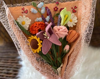 Häkelblumenstrauß-Muster, mit Hilfe Video Link, Häkelblumen, Blumenstrauß, Gänseblümchen, Rose, Calla, Lilie, Tulpe, Eisenkraut, Sonnenblume