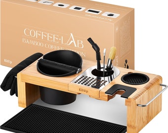 Kitup Espresso Knock Box, Tamping Station, Bamboo Organizer, Coffee Art Pen & Brushes, Bar Mat, Towel - Espresso Machine Barista Accessories