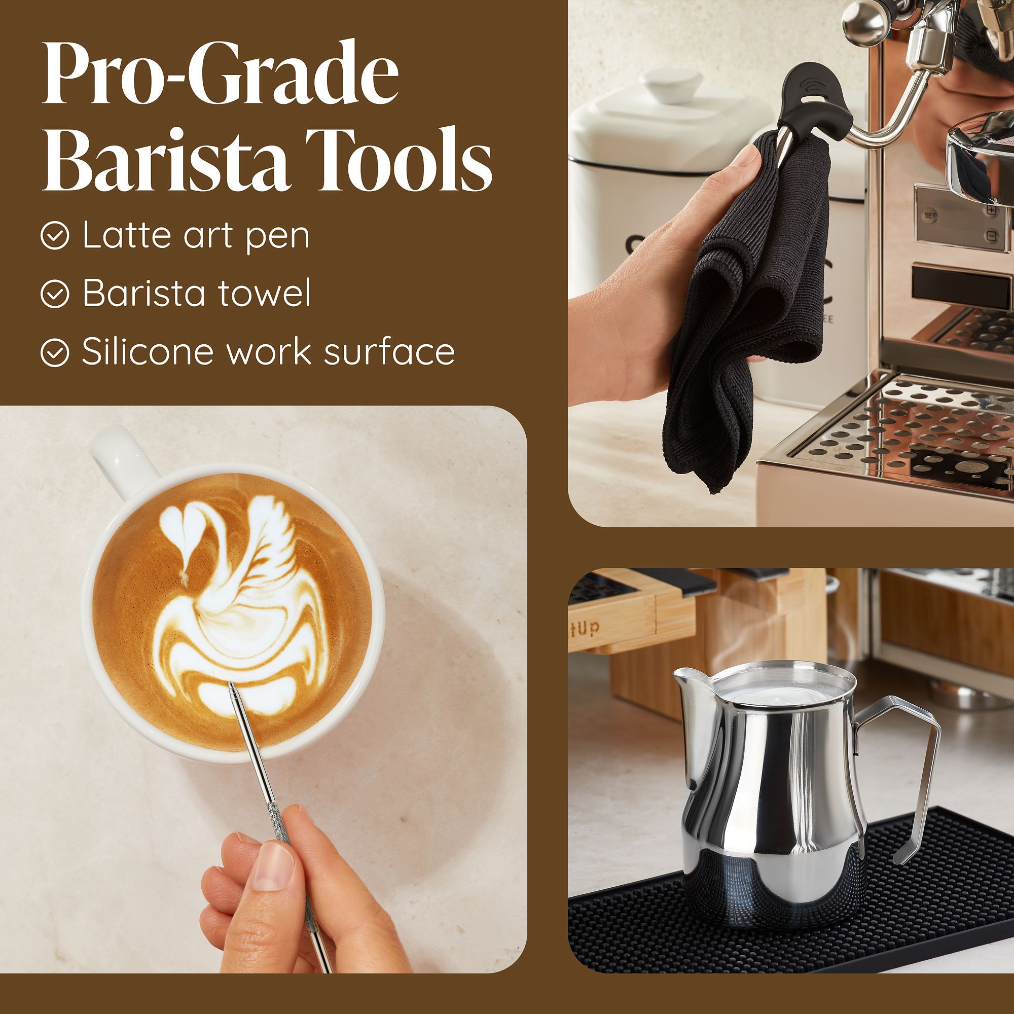 Kitup Espresso Knock Box, Tamping Station, Bamboo Organizer, Coffee Art Pen  & Brushes, Bar Mat, Towel Espresso Machine Barista Accessories 
