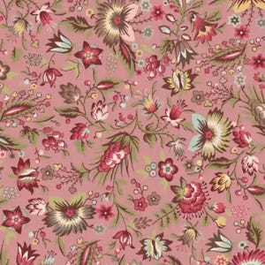 May include: A floral pattern featuring a repeating design of flowers and leaves in shades of pink, burgundy, green, and yellow on a pink background. The pattern has a vintage, botanical aesthetic.
