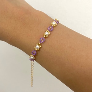Beaded Flower Pearl, Bracelet, Daisy Bracelet, Purple Floral Bracelet, Aesthetic Flower Bracelet, Gift for Her