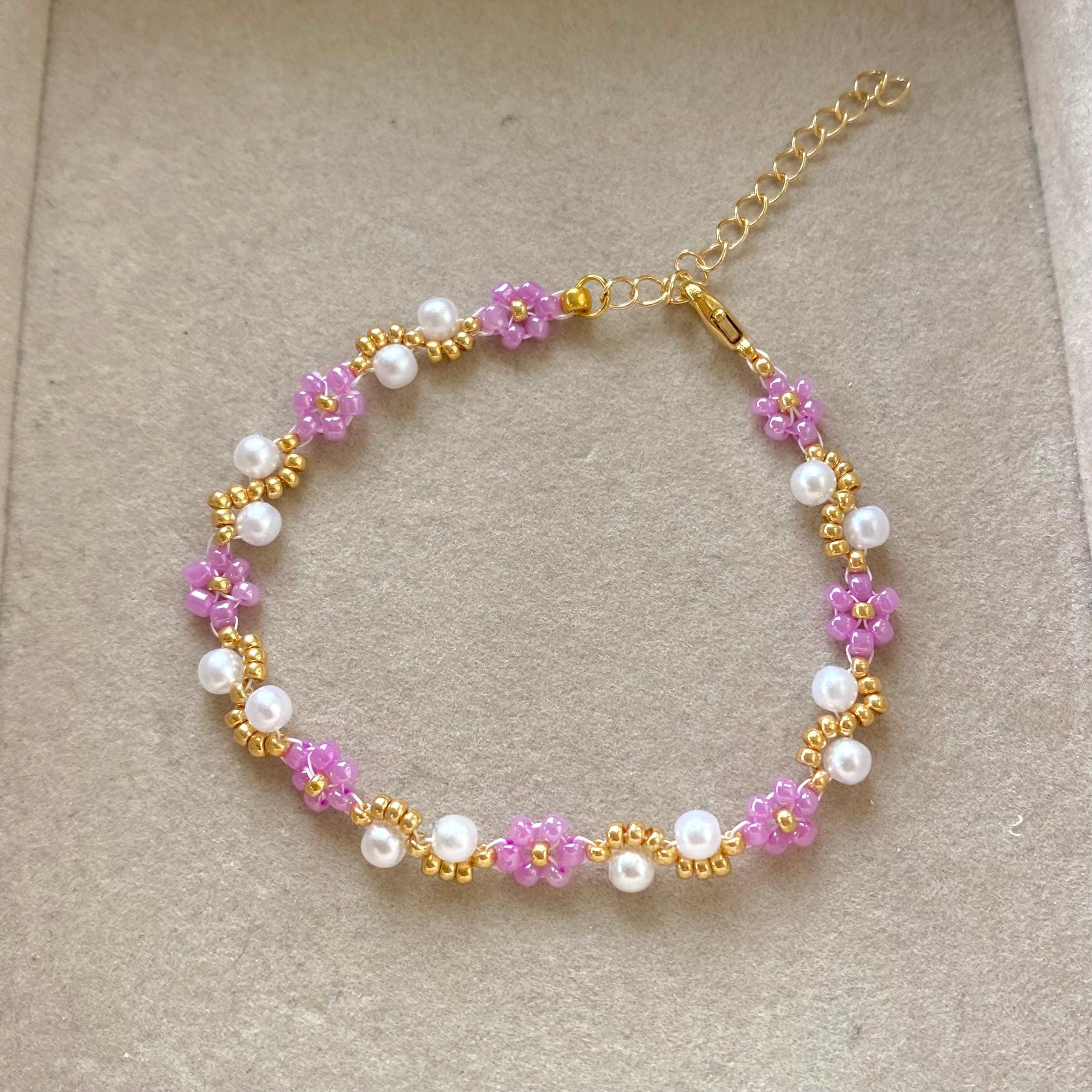 18 kt vergulde armband met kralen bloem, madeliefje armband, paarse bloemen armband, esthetische bloem armband, cadeau voor haar, verjaardagscadeau - België 18 kt vergulde armband met kralen bloem, madeliefje armband, paarse bloemen armband, esthetische bloem armband, cadeau voor haar, verjaardagscadeau - België