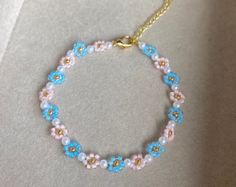 Pulsera de flores con cuentas, pulsera de margaritas, pulsera hecha a mano, pulsera de flores estética, regalos para ella, regalo de cumpleaños, pulseras a juego