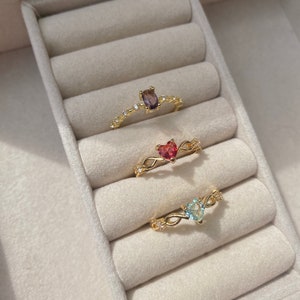 Gold Love Heart Promise Ring, Ruby Ring, Red Gemstone, Simple Ring, Blue Ring, Gold Plated Ring