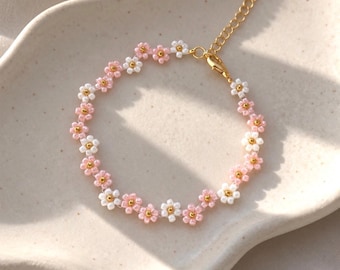 ビーズフラワーブレスレット、ジグザグブレスレット、ピンクの花柄