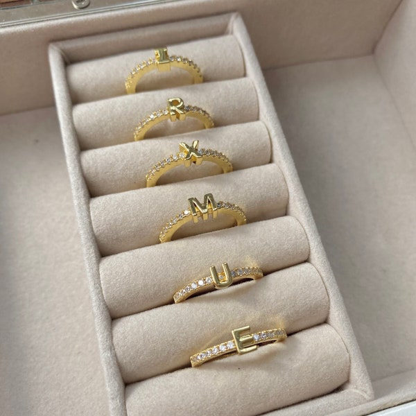 Gold Initial Letter Ring, Diamond Letter Ring, Adjustable Ring, Custom Name Ring, Gift For Her, Mothers Gift