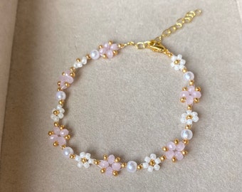 Bracciale floreale con perline, braccialetto margherita, braccialetto fatto a mano, braccialetto floreale estetico, regali per lei, regalo di compleanno, regalo bracciale con perline