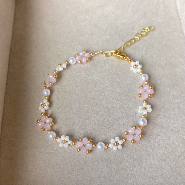 Kralen bloem armband, Daisy armband, handgemaakte armband, esthetische bloem armband, cadeaus voor haar, verjaardagscadeau, kralen armband cadeau