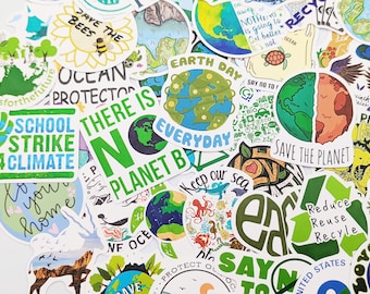 May include: A collection of colorful stickers with environmental themes. The stickers feature images of bees, butterflies, flowers, and the Earth. The text on the stickers includes phrases like "Save the Planet", "School Strike 4 Climate", "There is No Planet B", and "Earth Day Everyday".