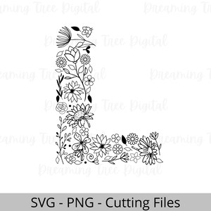 Letra L Floral SVG PNG, Monograma Floral Archivo Digital, carta floral, botánico svg, floral svg, monograma svg, letra L flores