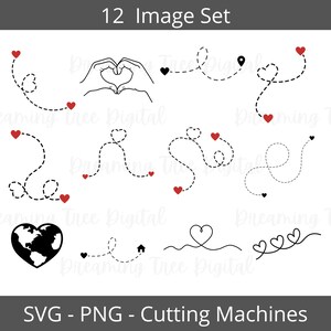 Pacote Love Path SVG, traços de coração, caminhos para arquivos de amor. Arquivo de corte PNG de amor, corações SVG, traços