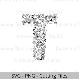 Letra T Floral SVG PNG, Monograma Floral Archivo Digital, carta floral, botánico svg, floral svg, monograma svg, letra T flores