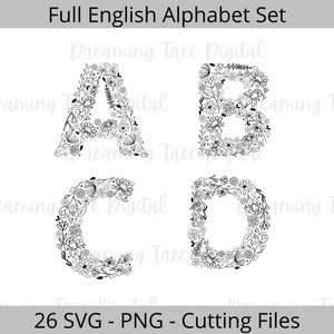 Pacote SVG completo de alfabeto floral de 26 letras, monogramas florais, arquivos de letras florais, ABC png, AtoZ SVG