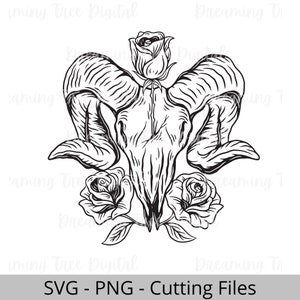 May include: A black and white line drawing of a ram skull with three roses. The roses are at the bottom of the skull and the ram's horns are curved up and out.