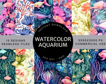 Watercolor Aquarium, Digital Paper, Seamless Files, Digital Download, Commercial Use