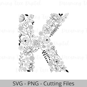 Letra K Floral SVG PNG, Monograma Floral Archivo Digital, carta floral, svg botánico, svg floral, monograma svg, letra K flores