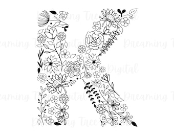 Letter K Floral SVG PNG, Floral Monogram Digital File, floral letter, botanical svg, floral svg, monogram svg, letter K flowers