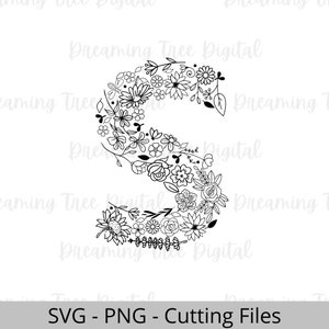 Letra S Floral SVG PNG, Monograma Floral Archivo Digital, carta floral, botánico svg, floral svg, monograma svg, letra S flores