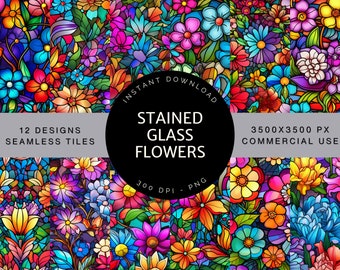 Stained Glass Flowers, Digital Paper, Seamless Files, Digital Download, Commercial Use