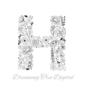Letra H Floral SVG PNG, Monograma Floral Archivo Digital, carta floral, svg botánico, svg floral, monograma svg, letra H flores