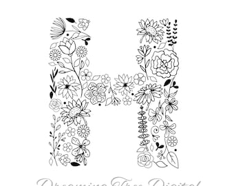Letter H Floral SVG PNG, Floral Monogram Digital File, floral letter, botanical svg, floral svg, monogram svg, letter H flowers