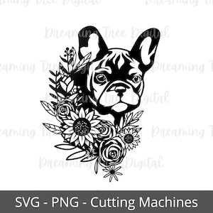 Bulldog with Flowers SVG, Frenchie SVG PNG, digital cut files, Instant Download