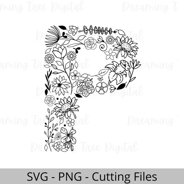 Letter P Floral SVG PNG, Floral Monogram Digital File, floral letter, botanical svg, floral svg, monogram svg, letter P flowers