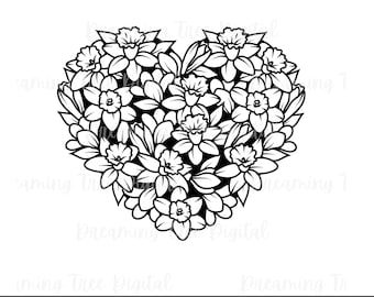 Daffodil Heart SVG, floral svg, digital cut files, Instant Download
