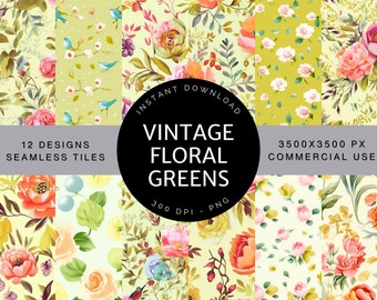 Vintage Floral Greens, Digital Paper, Seamless Files, Digital Download, Commercial Use