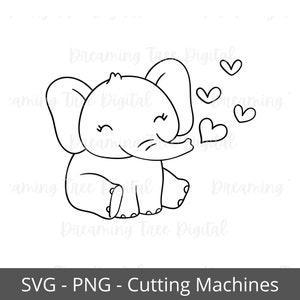 May include: A black and white line drawing of a cartoon elephant blowing hearts. The elephant is sitting down with its legs crossed and has a happy expression on its face.