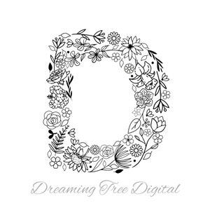 Letra D Floral SVG PNG, Monograma Floral Archivo Digital, letra floral, botánico svg, floral svg, monograma svg, letra D flores