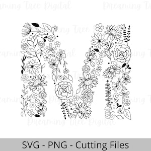 Buchstabe M Floral SVG PNG, FloralEs Monogramm Digitale Datei, floraler Buchstabe, botanischer Svg, Floral svg, Monogramm svg, Buchstabe M Blumen