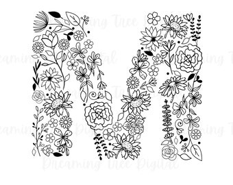 Letter M Floral SVG PNG, Floral Monogram Digital File, floral letter, botanical svg, floral svg, monogram svg, letter M flowers