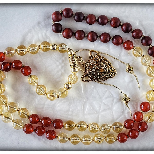 Joie - Collier Mala en pierres semi-précieuses pour femmes, en Citrine, Cornaline, bois Siam Rosewwod, bijou de méditation