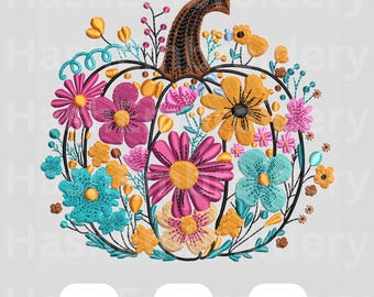 Disegno di ricamo di zucca floreale, file di ricamo a macchina con motivo di fiori autunnali colorati, download immediato EMB Dst Pes e PDF