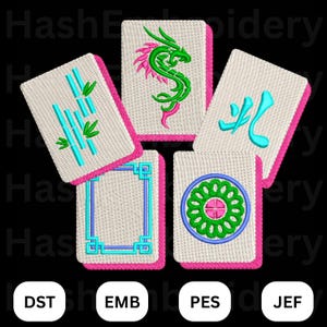 May include: Five embroidered Mahjong tiles with pink borders and various designs. The designs include bamboo stalks, a green dragon, a blue flame symbol, a blue and green geometric pattern, and a green and blue floral design.