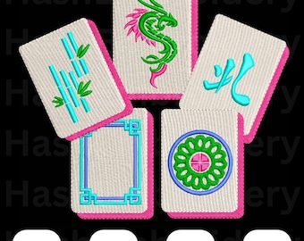 Mahjong Tiles Machine Embroidery Design, 1 Design Having Bamboo, Bam, Crack, Dot, Dragon, Mahjong Cocktail Napkin Design