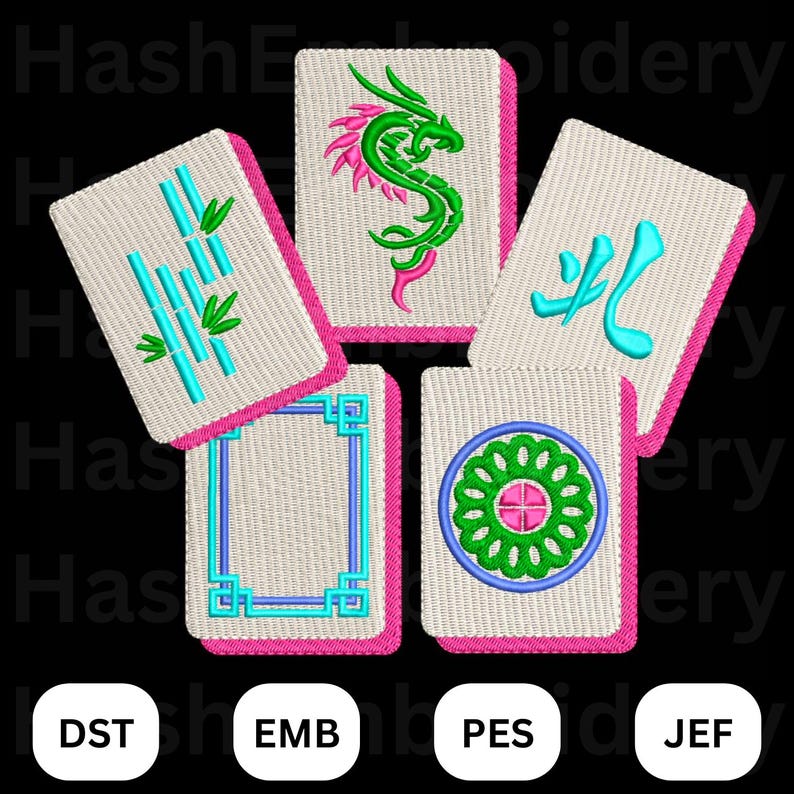 May include: Five embroidered Mahjong tiles with pink borders and various designs. The designs include bamboo stalks, a green dragon, a blue flame symbol, a blue and green geometric pattern, and a green and blue floral design.