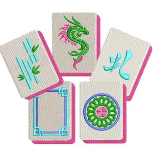 May include: Embroidered Mahjong tiles with pink borders. The tiles feature various designs, including a green dragon, bamboo stalks, a blue flame symbol, a blue and pink geometric frame, and a green and pink floral design.