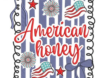 Disegno da ricamo American Honey, file con punto fiocco patriottico, file macchina per il 4 luglio, download digitale DST PES EMB
