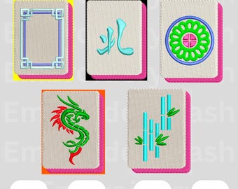 Mahjong Tiles Machine Embroidery Design Bundle, 5 Designs, Bamboo, Bam, Crack, Dot, Dragon, Mahjong Cocktail Napkin Designs