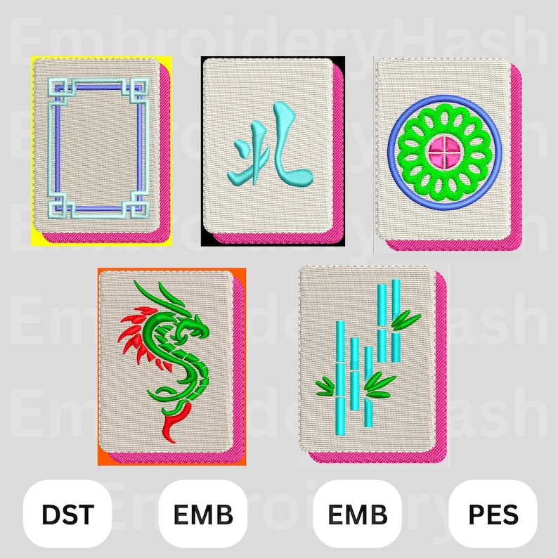 Mahjong Tiles Machine Embroidery Design Bundle, 5 Designs, Bamboo, Bam, Crack, Dot, Dragon, Mahjong Cocktail Napkin Designs image 1